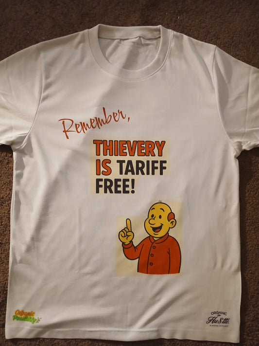 White t-shirt with a graphic and text on a brown surface