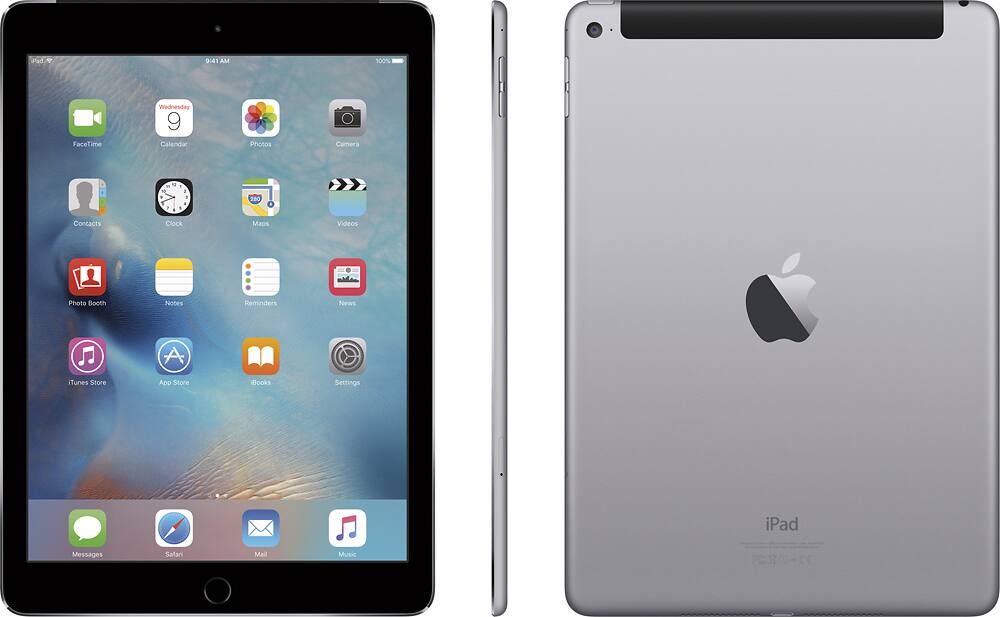 Apple iPad with front and back views showing app icons and Apple logo.