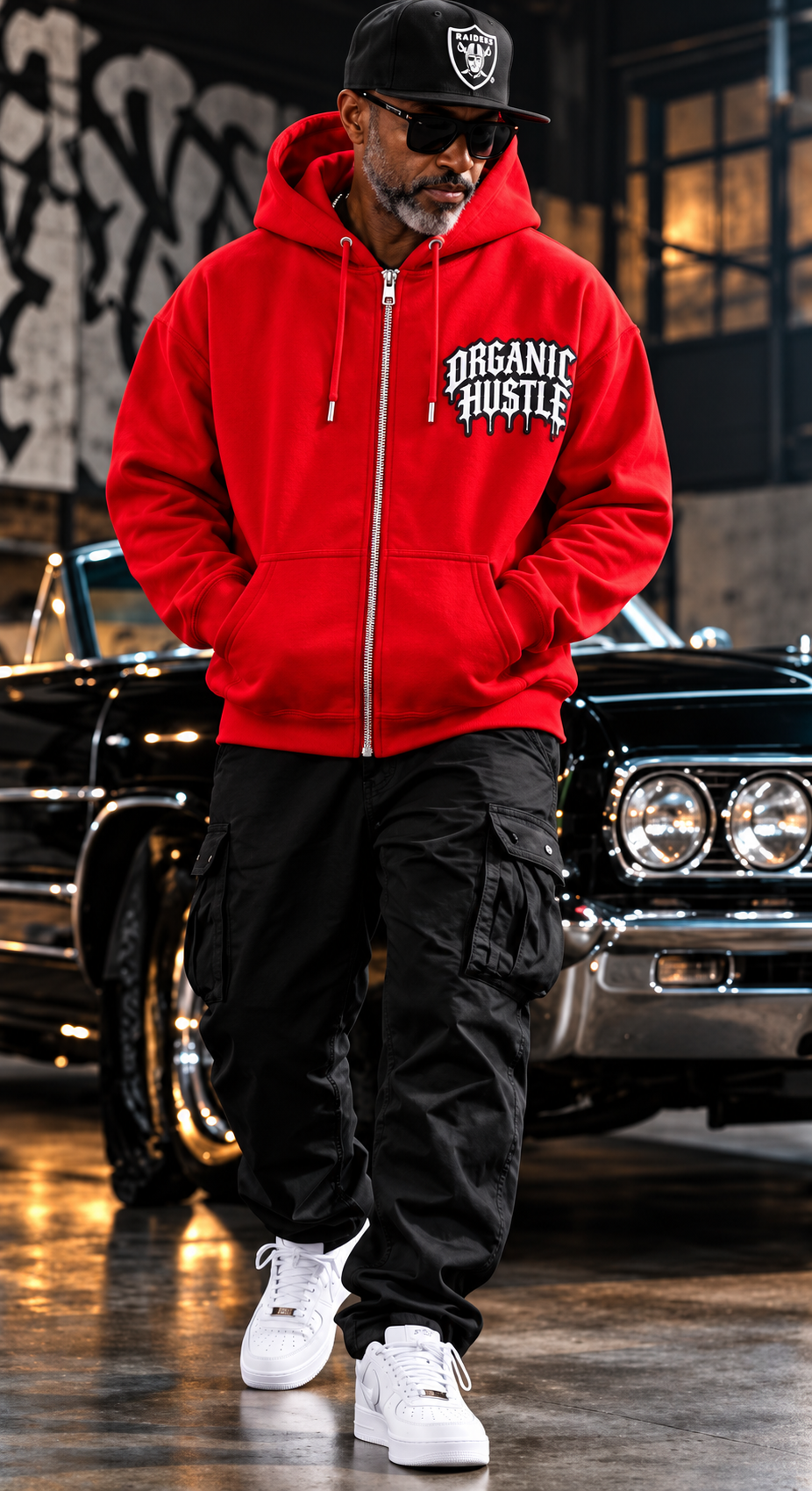 Enhanced lifestyle styling mockup of the red Organic Hu$tle Guardian Angel zip-up hoodie with front zipper and chest logo beside a vintage black car