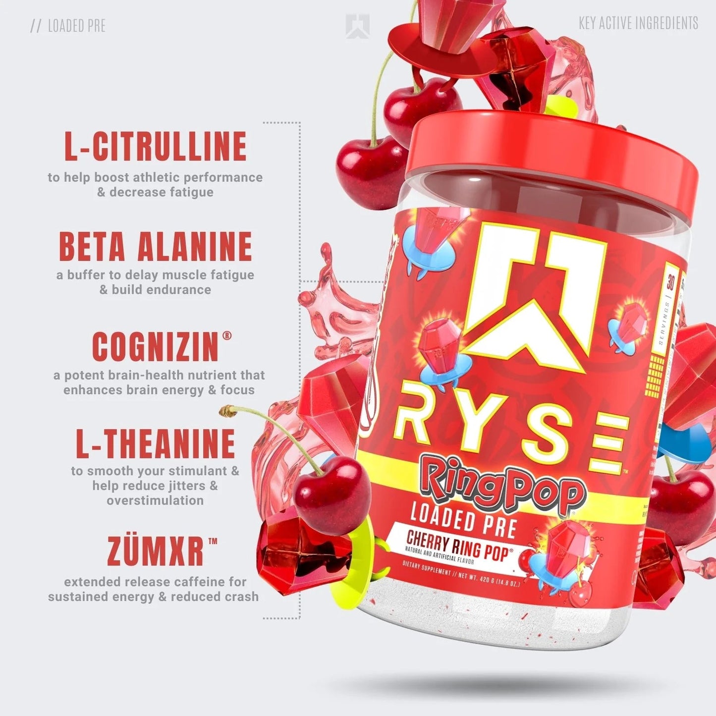 Ryse Up Supplements Loaded Pre-Workout Powder Official Ring Pop® Cherry Flavor | Fuel Your Greatness, Pump, Energy Strength, 438 Gram tmot.store