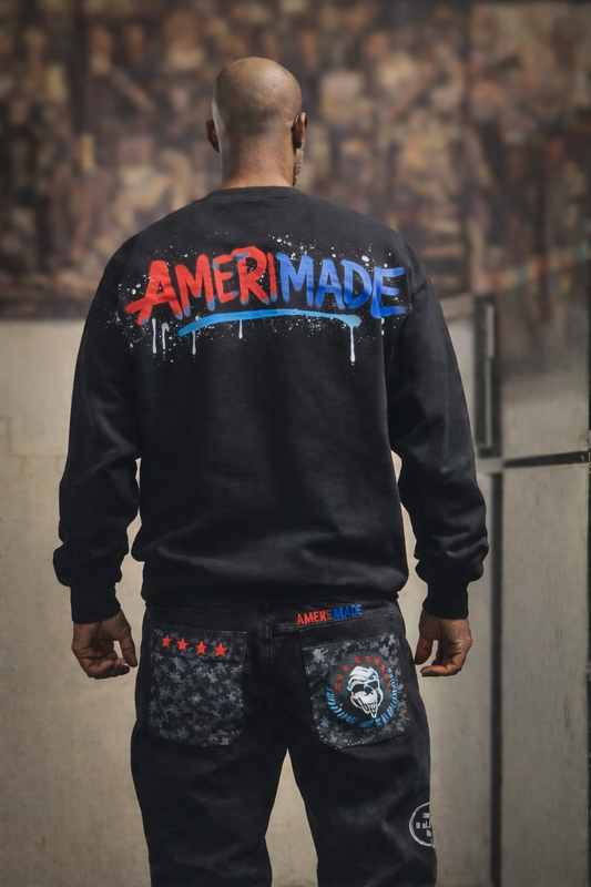 AMERIMADE Think Outside The Box Set – Graphic Sweatshirt + Organic Hu$tle Patchwork Jeans