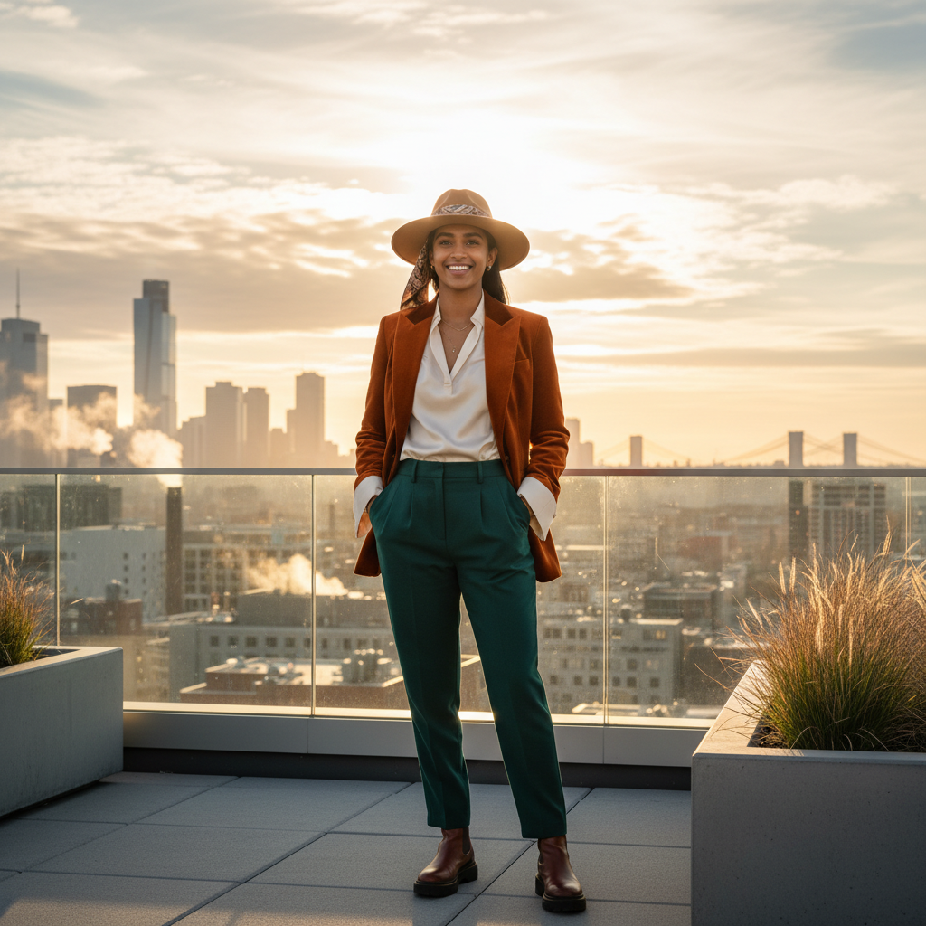 young adult on urban rooftop, golden hour light, vintage-inspired apparel, confident pose