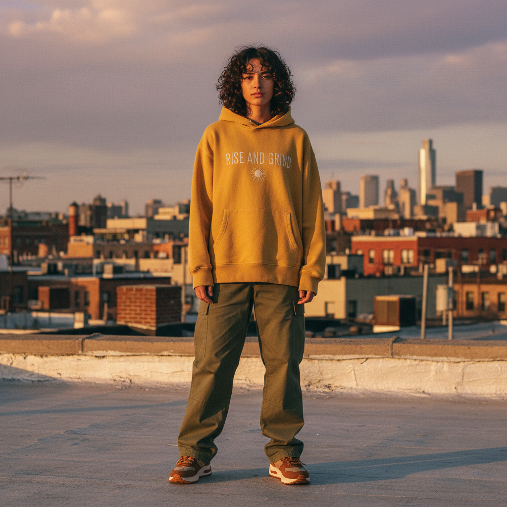 young adult in stylish hoodie on urban rooftop at sunset