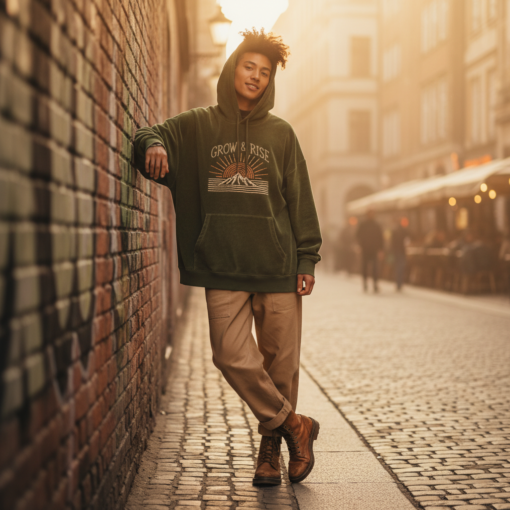 Young adult in urban setting wearing a vintage-inspired motivational hoodie at golden hour