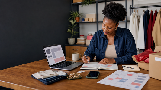 Small-business owner organizing practical AI prompts for marketing and ecommerce