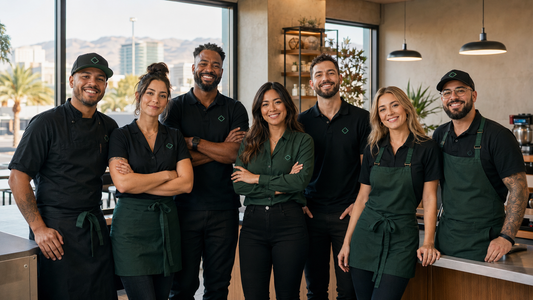 Las Vegas small business team wearing coordinated custom work shirts and aprons