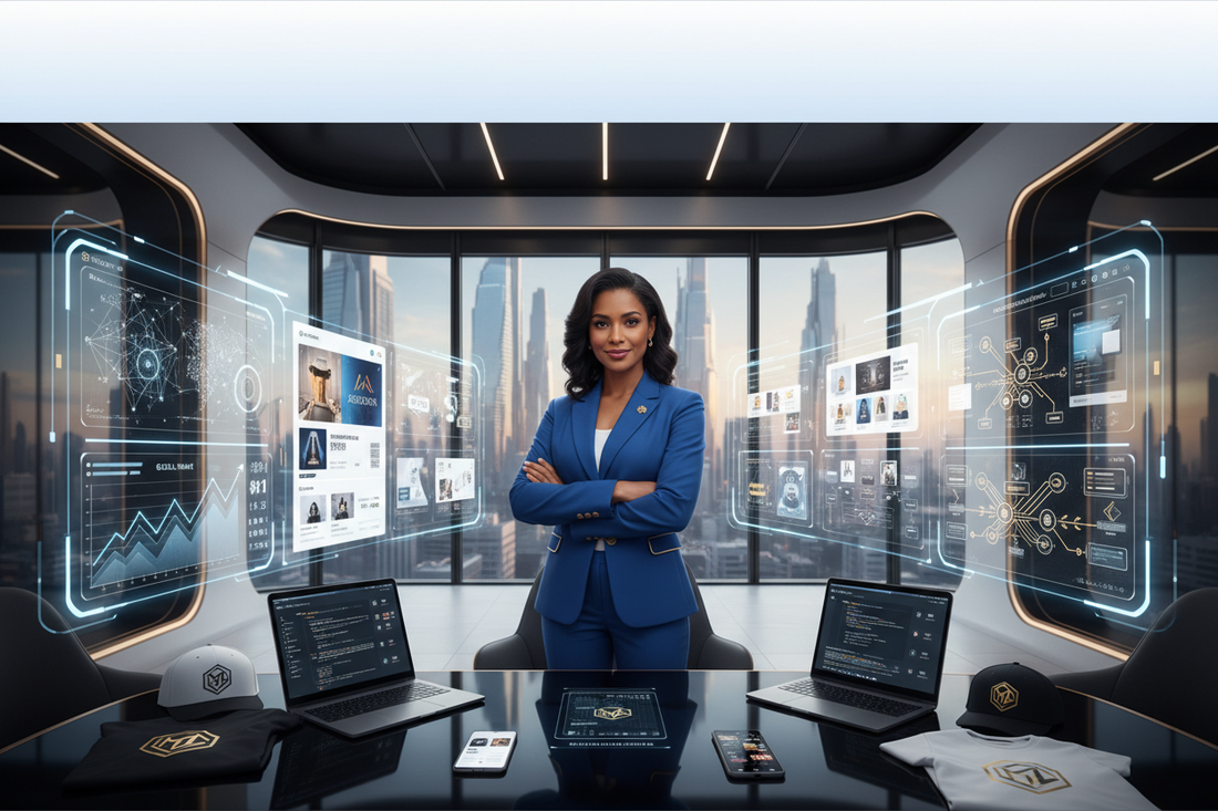 Business owner in a futuristic office surrounded by AI dashboards, Shopify analytics, SEO graphs, branding mockups, and custom apparel displays representing business growth.