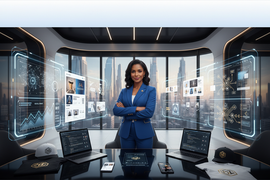 Business owner in a futuristic office surrounded by AI dashboards, Shopify analytics, SEO graphs, branding mockups, and custom apparel displays representing business growth.