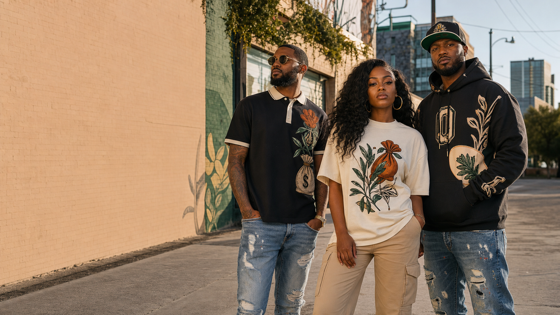 Entrepreneurs wearing purpose-driven streetwear in an urban neighborhood