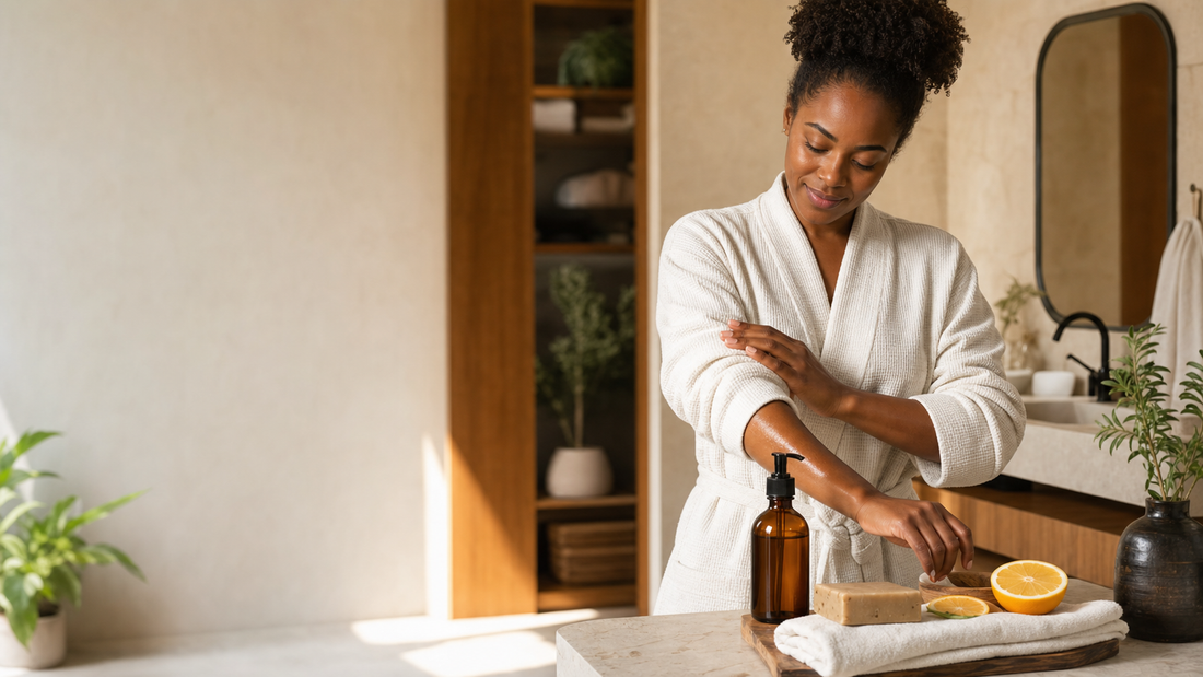 Woman practicing a simple natural self-care routine with body oil and handmade soap