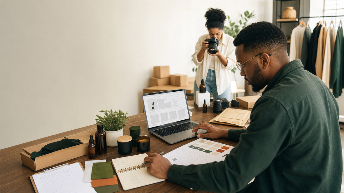 Entrepreneurs preparing products, photography, and branding before building an online store