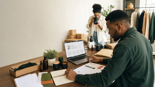 Entrepreneurs preparing products, photography, and branding before building an online store