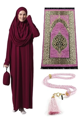 One-Piece Long Sleeve Islamic Prayer Dress & Prayer Rug & Beads, Islamic Set