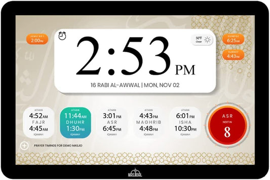 MASJIDAL Smart Azan Clock with WiFi & Touchscreen – Quran, Prayer Times & Islamic Content (8, 10, 14-inch screen)