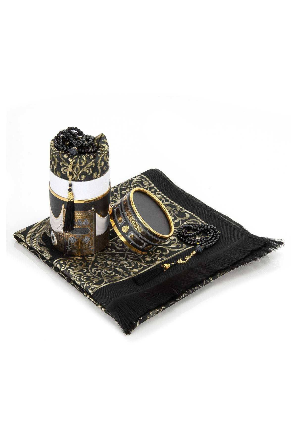 Ihvan Muslim Prayer Rug & Beads Gift Set – Elegant Black Sajadah