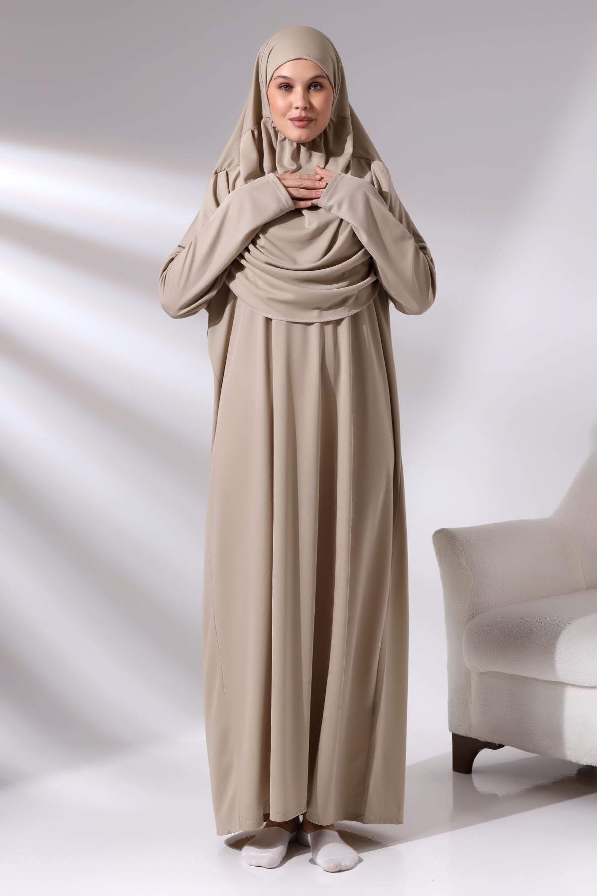 One-Piece Long Sleeve Islamic Prayer Dress & Prayer Rug & Beads, Islamic Set
