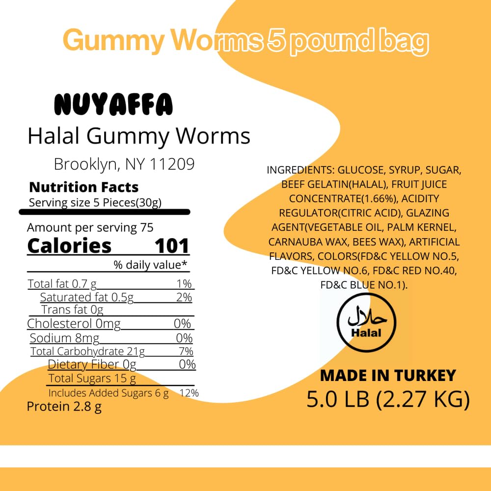NUYAFFA Halal Gummy Worms – 5 lb Bulk Bag