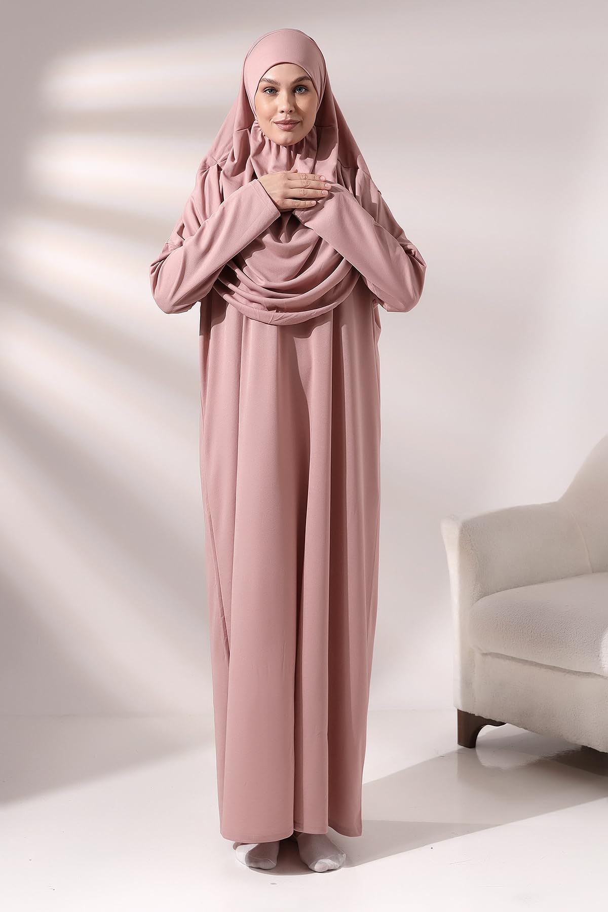 One-Piece Long Sleeve Islamic Prayer Dress & Prayer Rug & Beads, Islamic Set