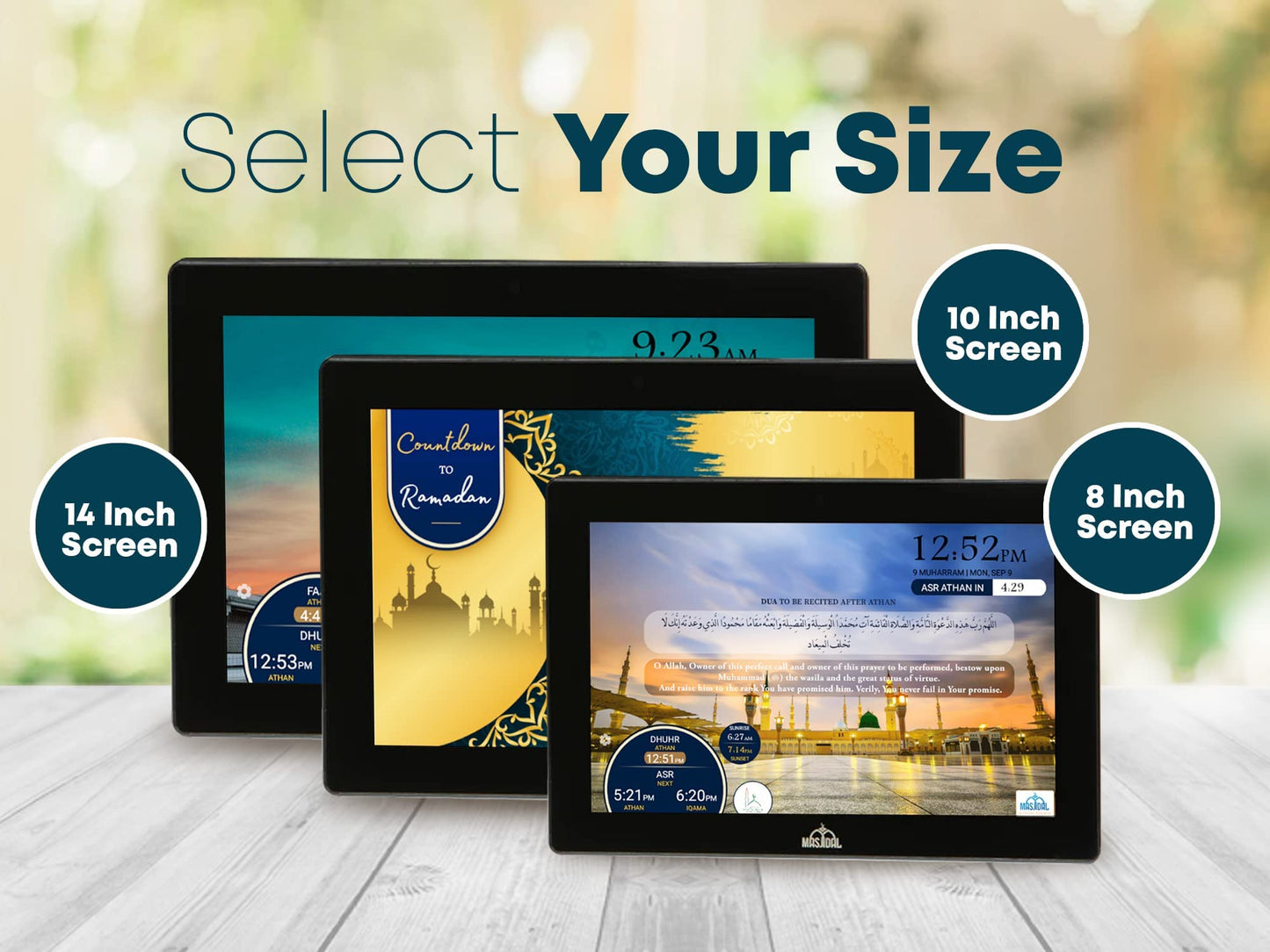 MASJIDAL Smart Azan Clock with WiFi & Touchscreen – Quran, Prayer Times & Islamic Content (8, 10, 14-inch screen)