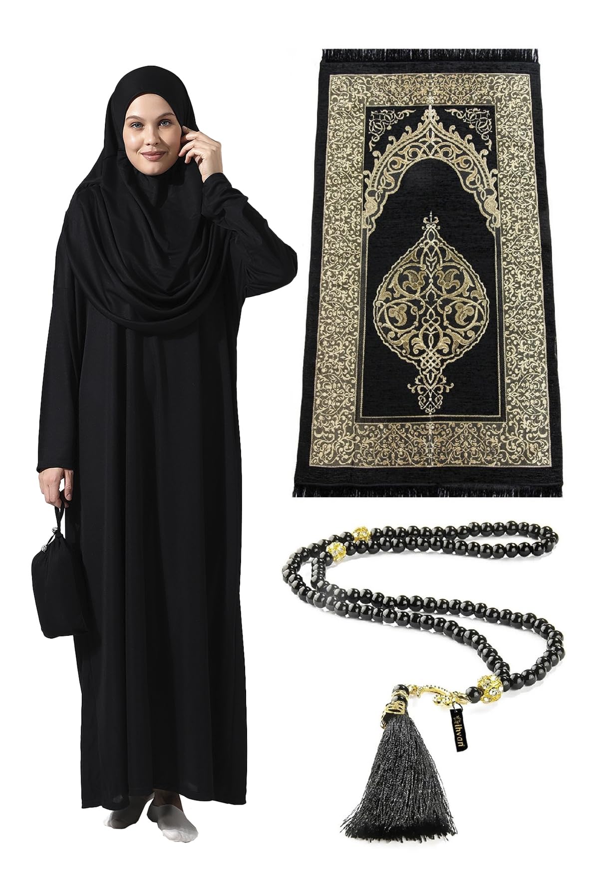 One-Piece Long Sleeve Islamic Prayer Dress & Prayer Rug & Beads, Islamic Set