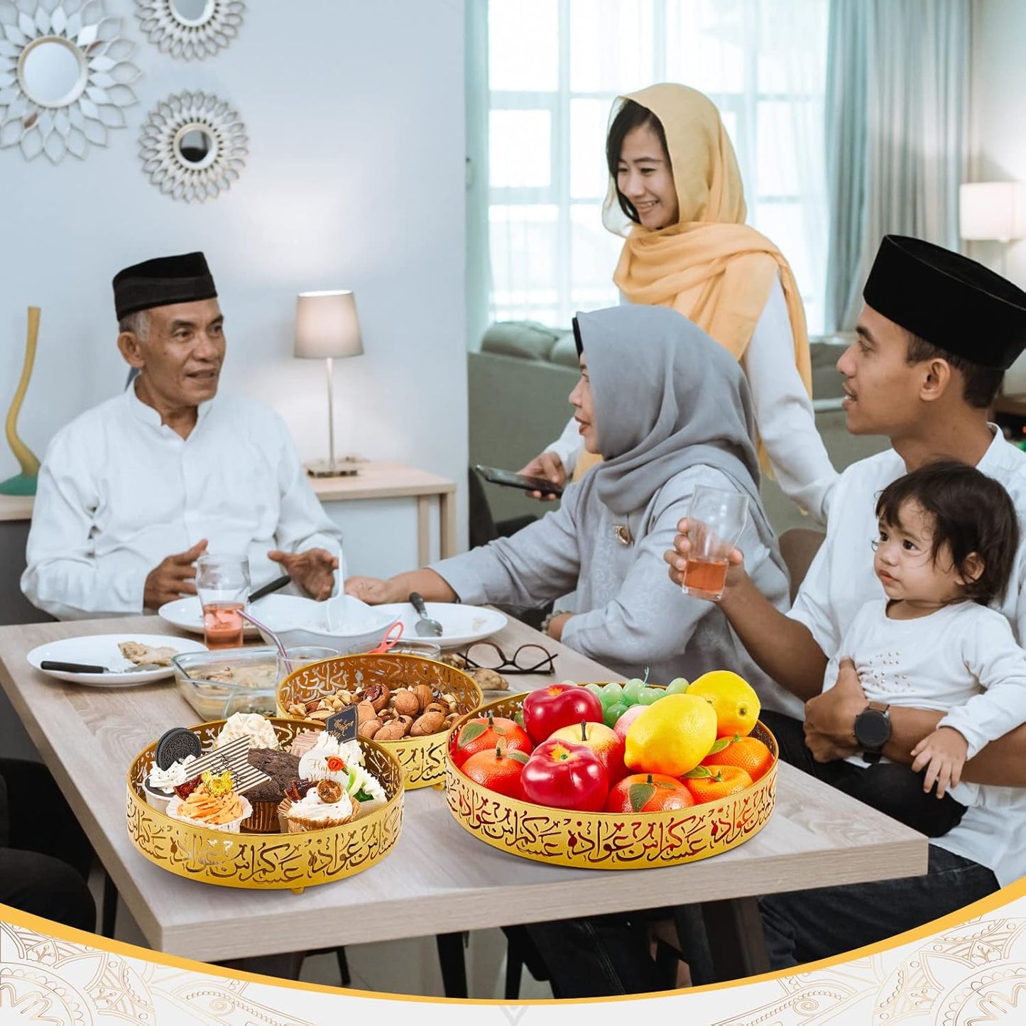 Ramadan Round Metal Serving Trays – Set of 3 (Gold)