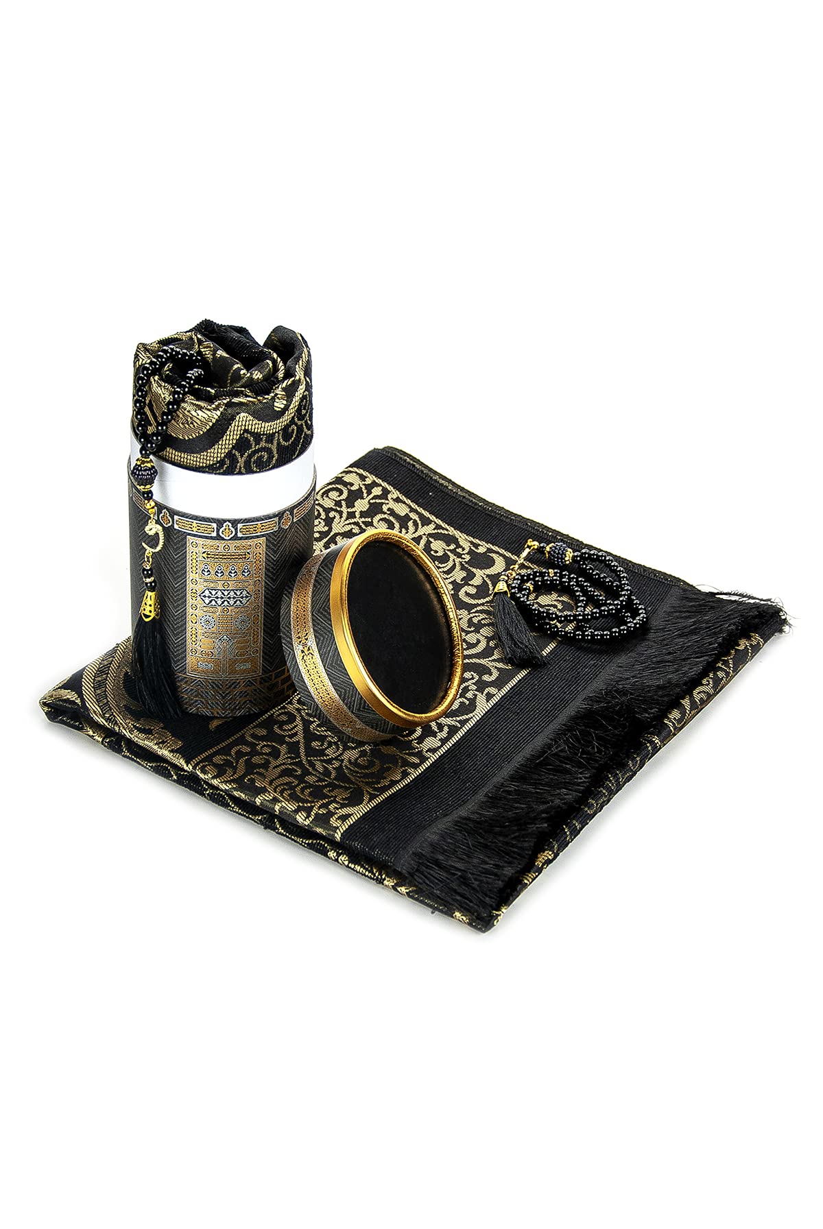 Ihvan Muslim Prayer Rug & Beads Gift Set – Elegant Black Sajadah