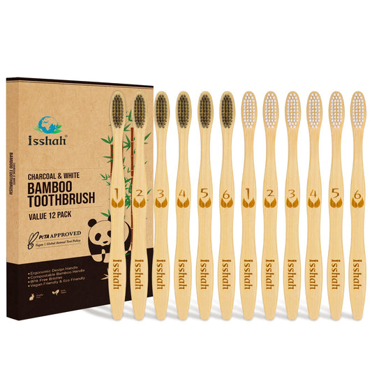 Isshah Charcoal & White Bamboo Toothbrush (12-Pack)