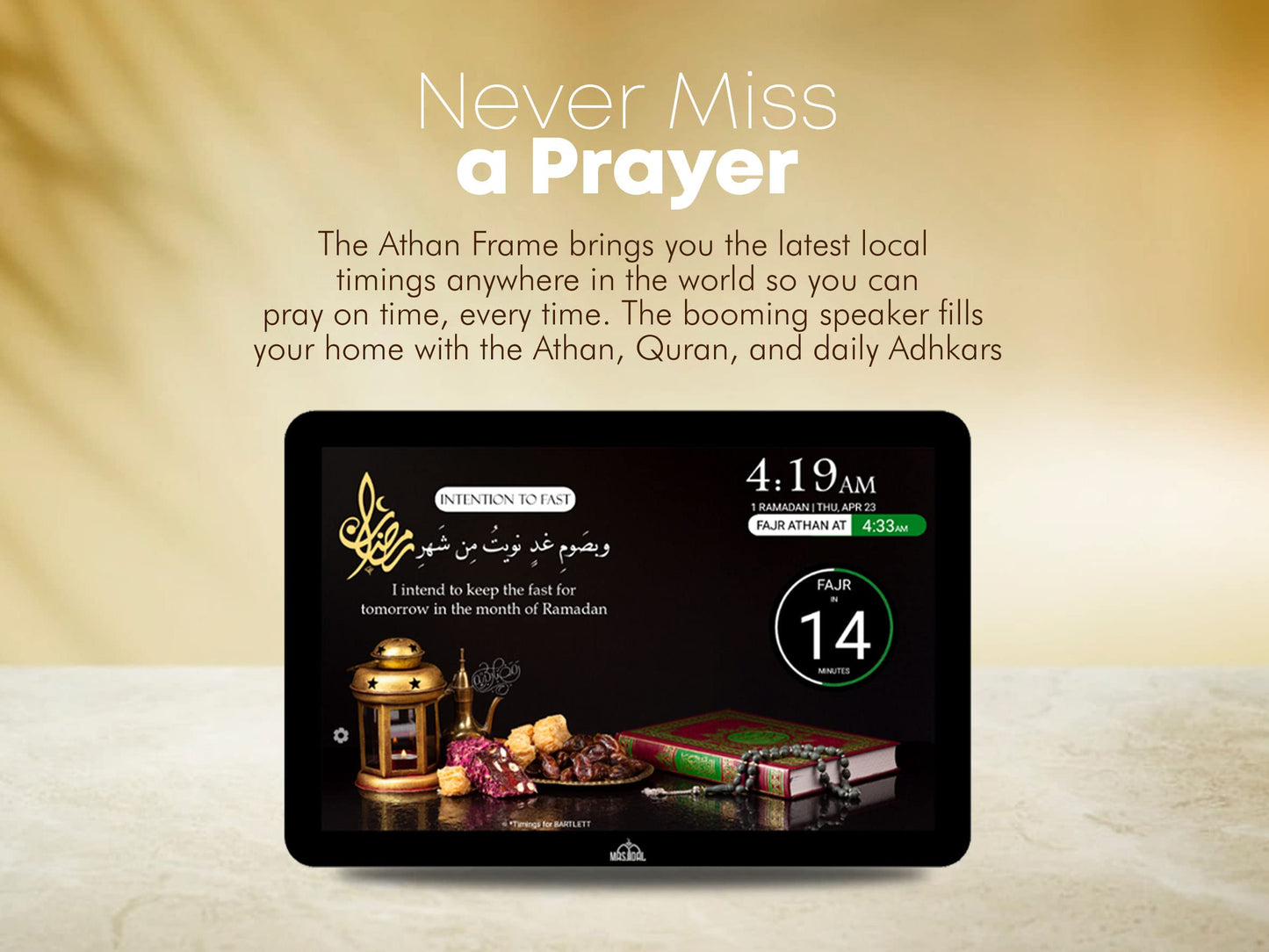 MASJIDAL Smart Azan Clock with WiFi & Touchscreen – Quran, Prayer Times & Islamic Content (8, 10, 14-inch screen)