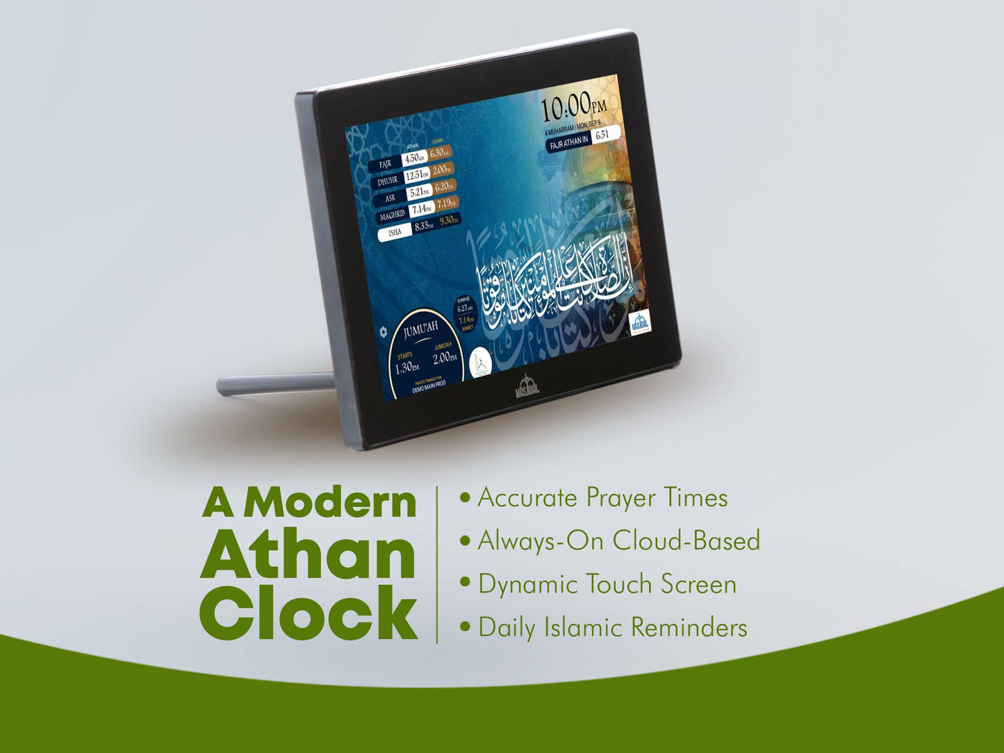 MASJIDAL Smart Azan Clock with WiFi & Touchscreen – Quran, Prayer Times & Islamic Content (8, 10, 14-inch screen)