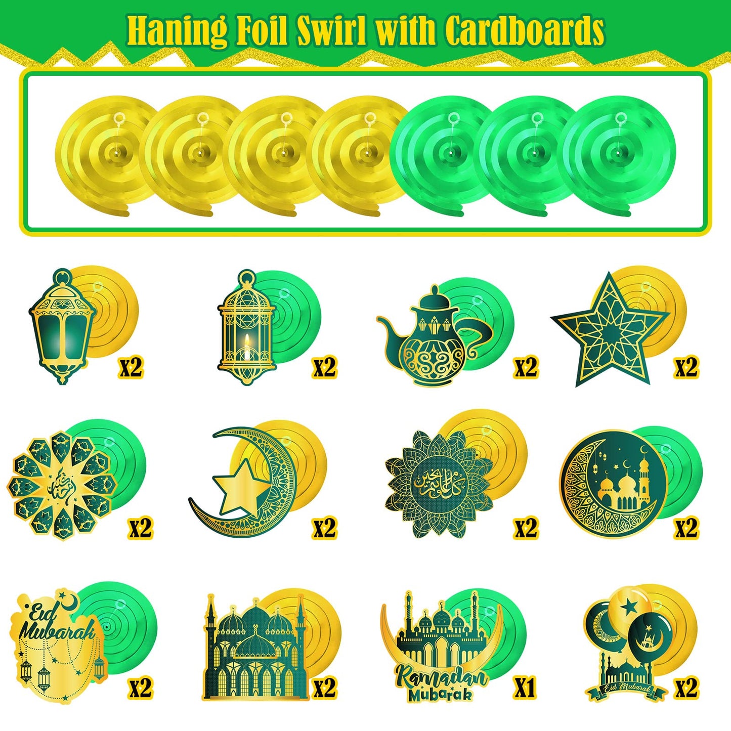 Ramadan Mubarak Hanging Swirl Decorations – Set of 30 🌙✨