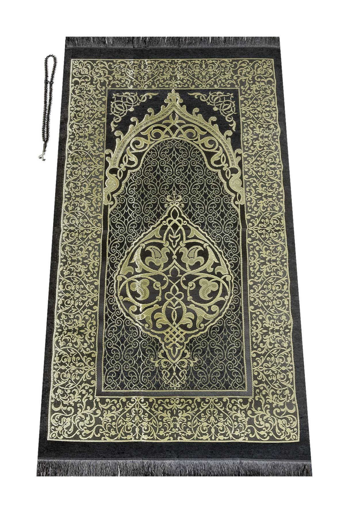 Ihvan Muslim Prayer Rug & Beads Gift Set – Elegant Black Sajadah