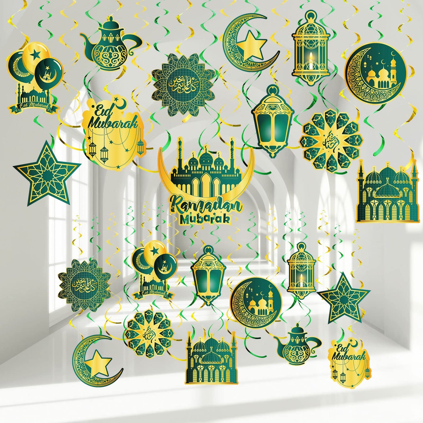 Ramadan Mubarak Hanging Swirl Decorations – Set of 30 🌙✨