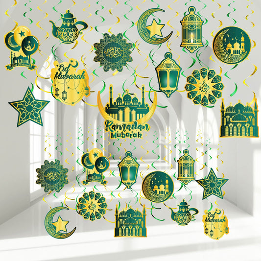 Ramadan Mubarak Hanging Swirl Decorations – Set of 30 🌙✨