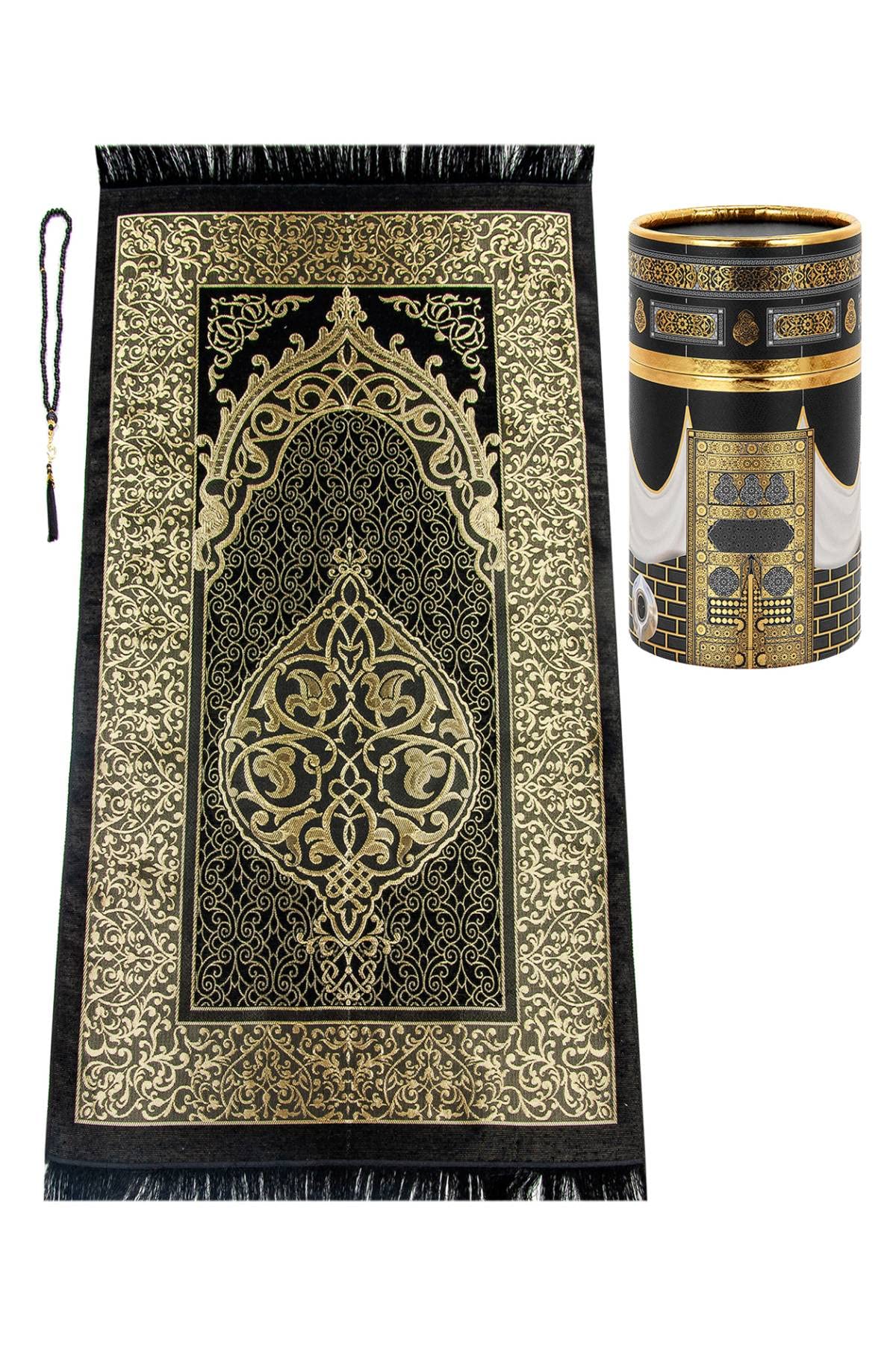 Ihvan Muslim Prayer Rug & Beads Gift Set – Elegant Black Sajadah