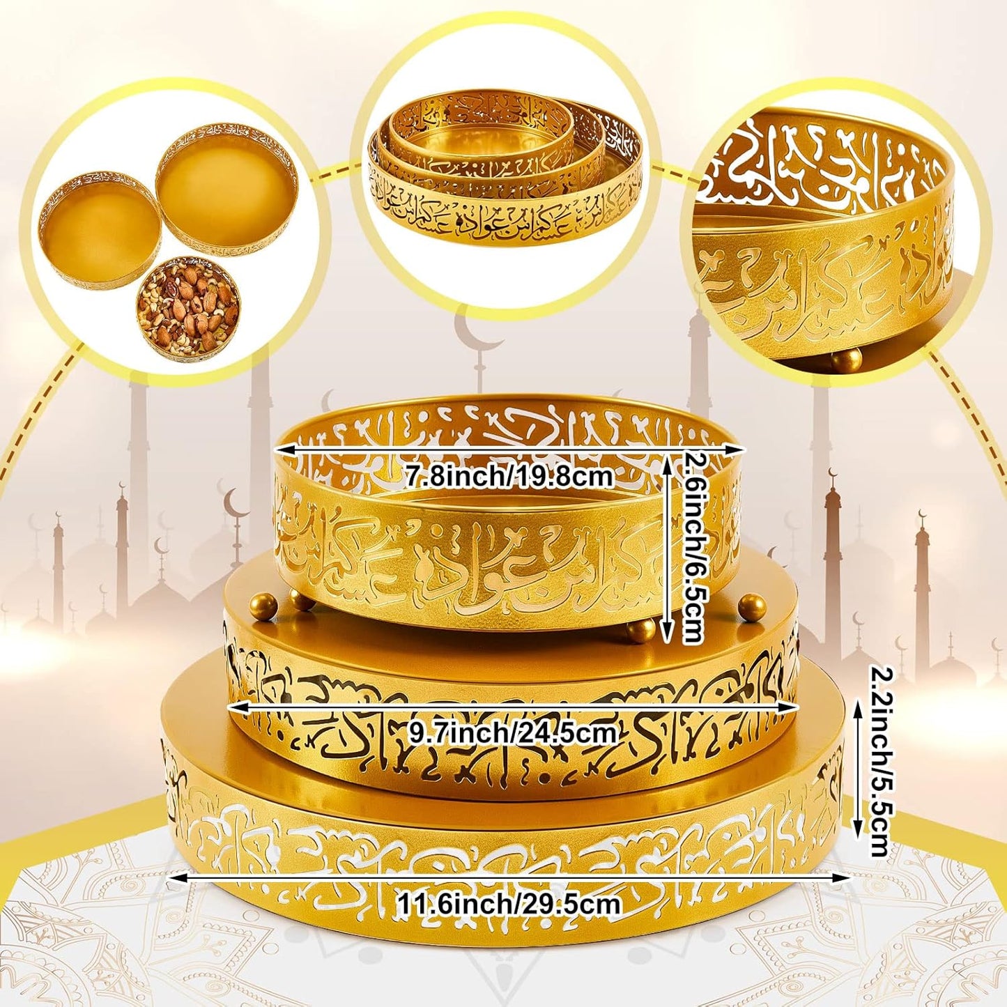 Ramadan Round Metal Serving Trays – Set of 3 (Gold)