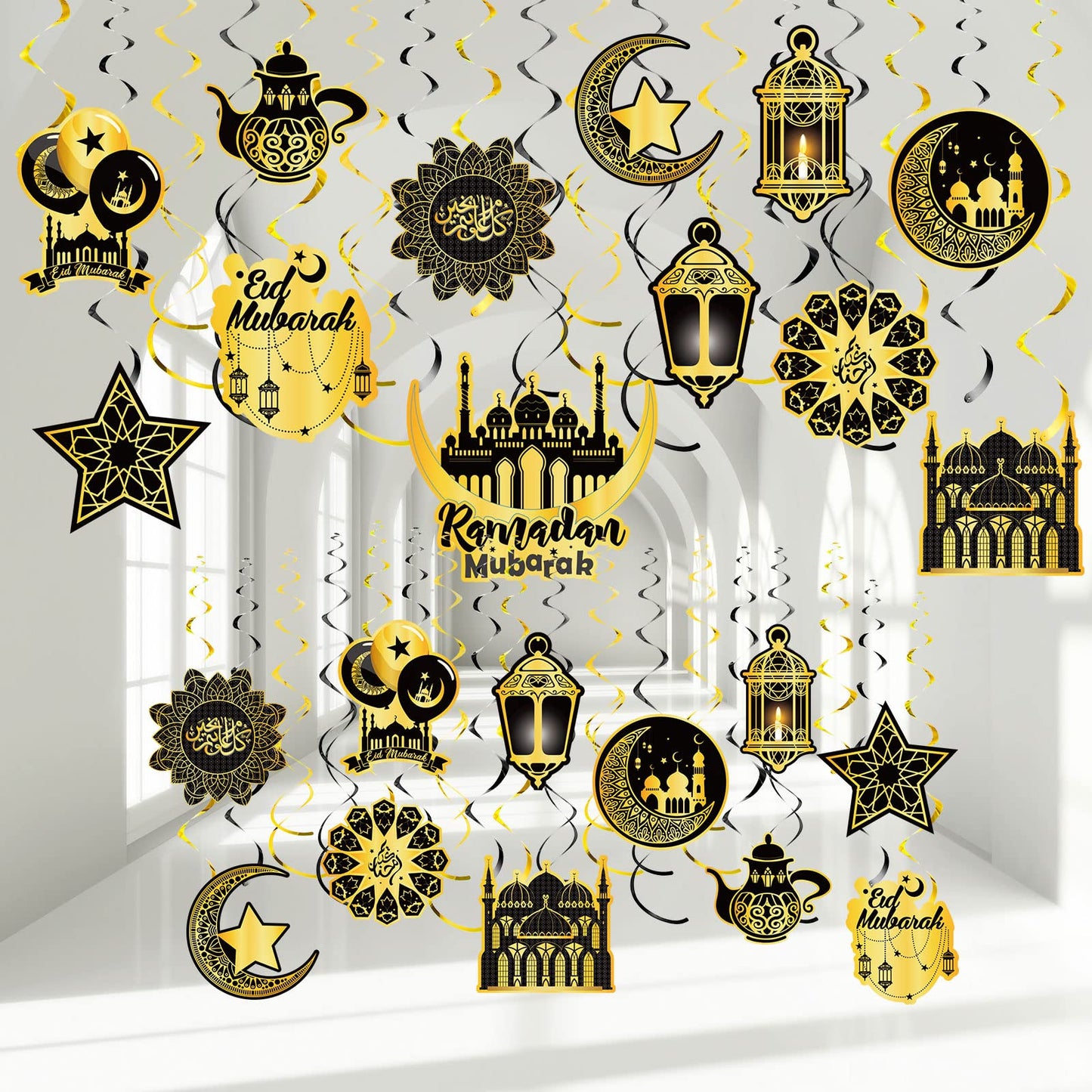 Ramadan Mubarak Hanging Swirl Decorations – Set of 30 🌙✨