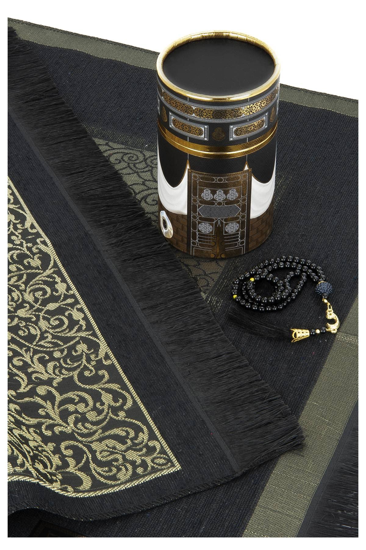 Ihvan Muslim Prayer Rug & Beads Gift Set – Elegant Black Sajadah