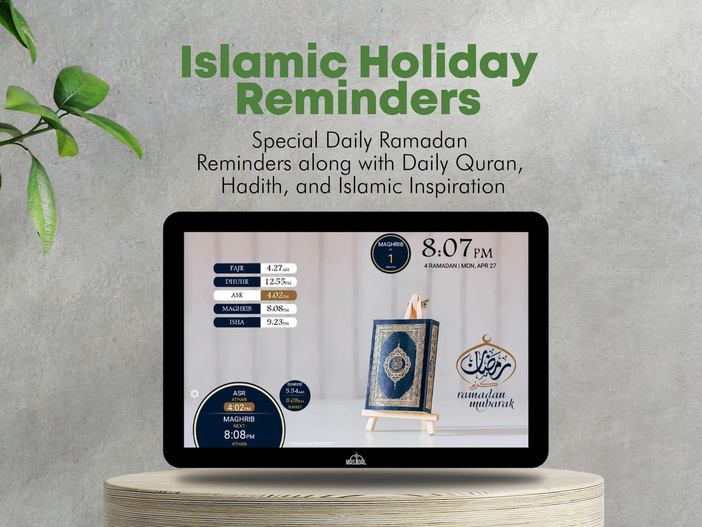 MASJIDAL Smart Azan Clock with WiFi & Touchscreen – Quran, Prayer Times & Islamic Content (8, 10, 14-inch screen)