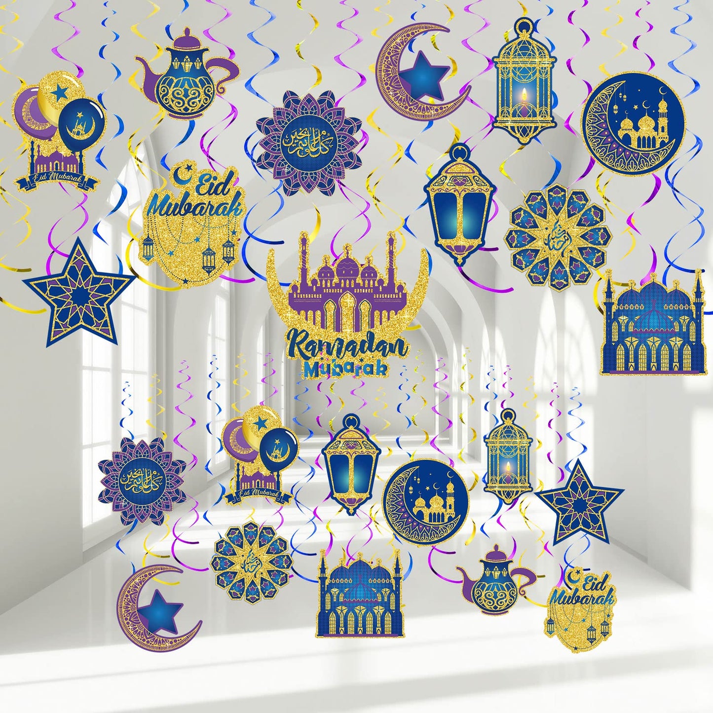 Ramadan Mubarak Hanging Swirl Decorations – Set of 30 🌙✨