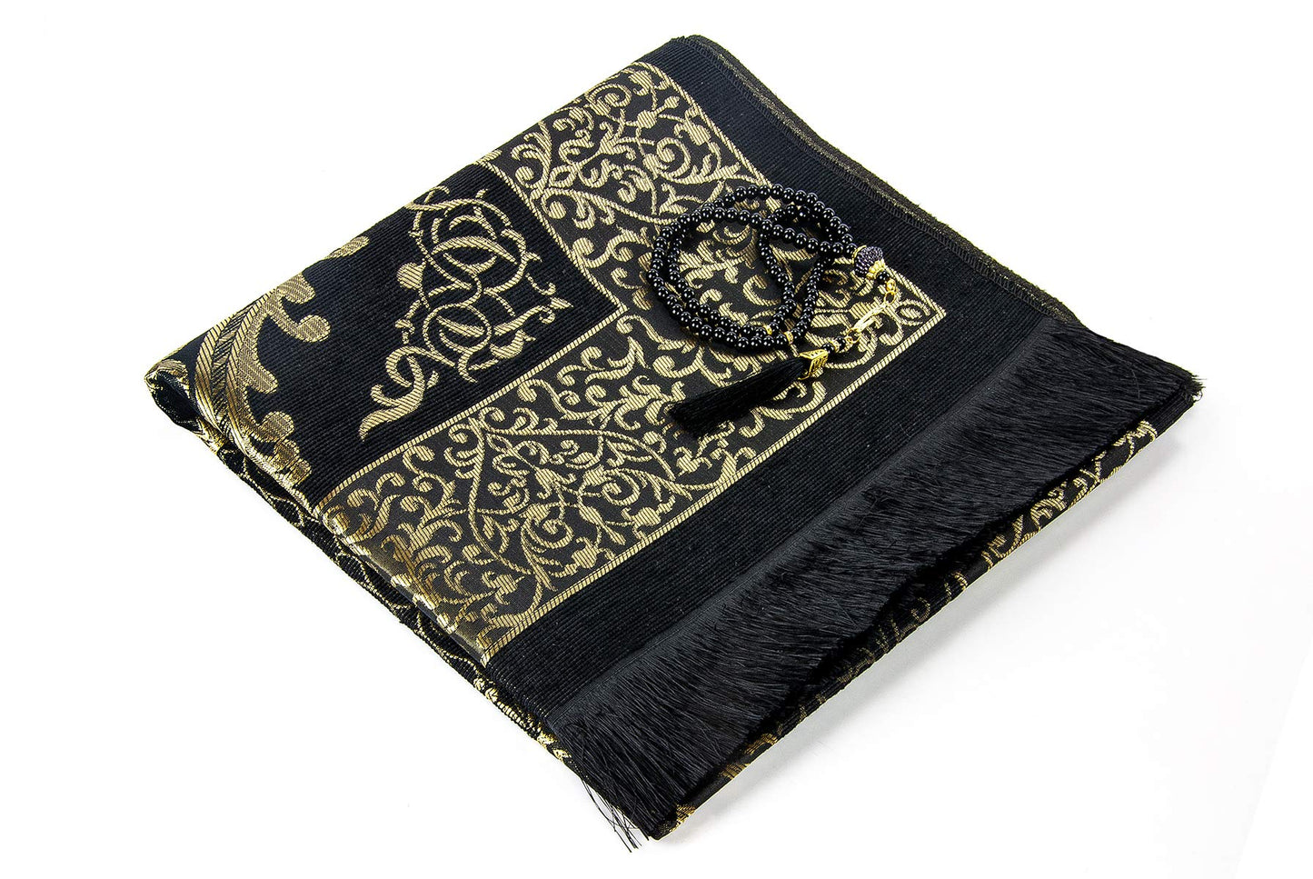Ihvan Muslim Prayer Rug & Beads Gift Set – Elegant Black Sajadah