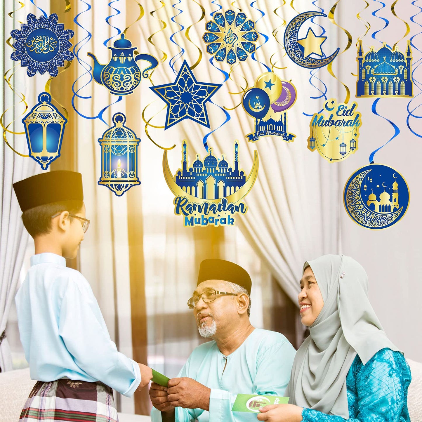 Ramadan Mubarak Hanging Swirl Decorations – Set of 30 🌙✨