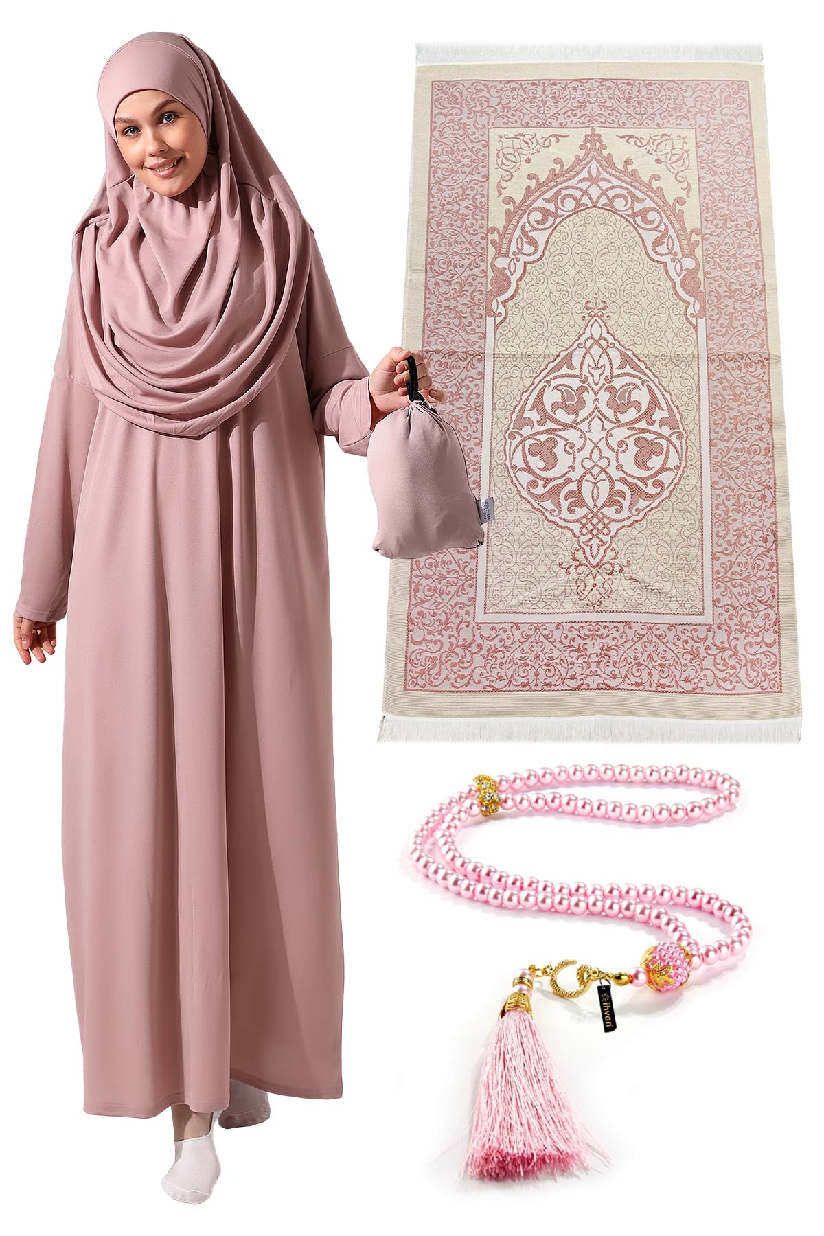 One-Piece Long Sleeve Islamic Prayer Dress & Prayer Rug & Beads, Islamic Set