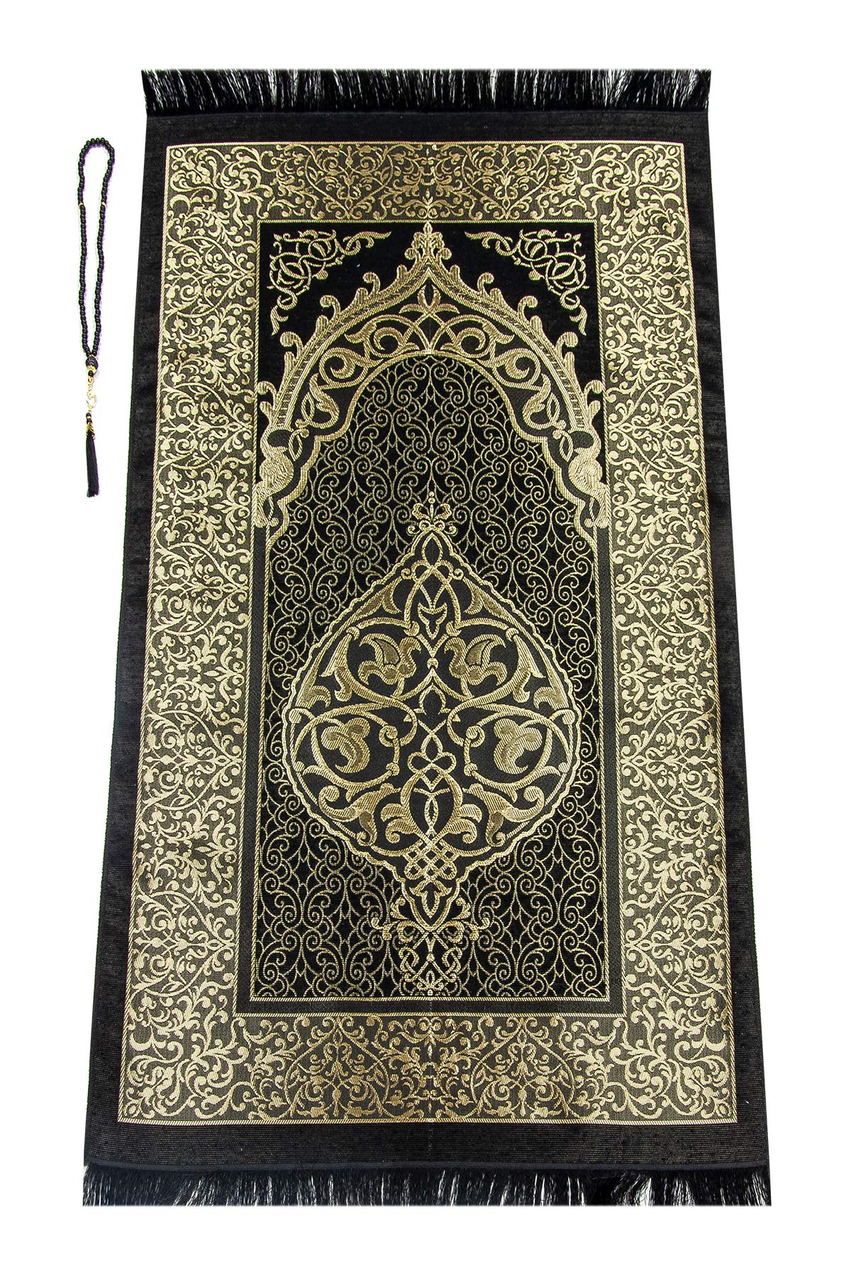 Ihvan Muslim Prayer Rug & Beads Gift Set – Elegant Black Sajadah