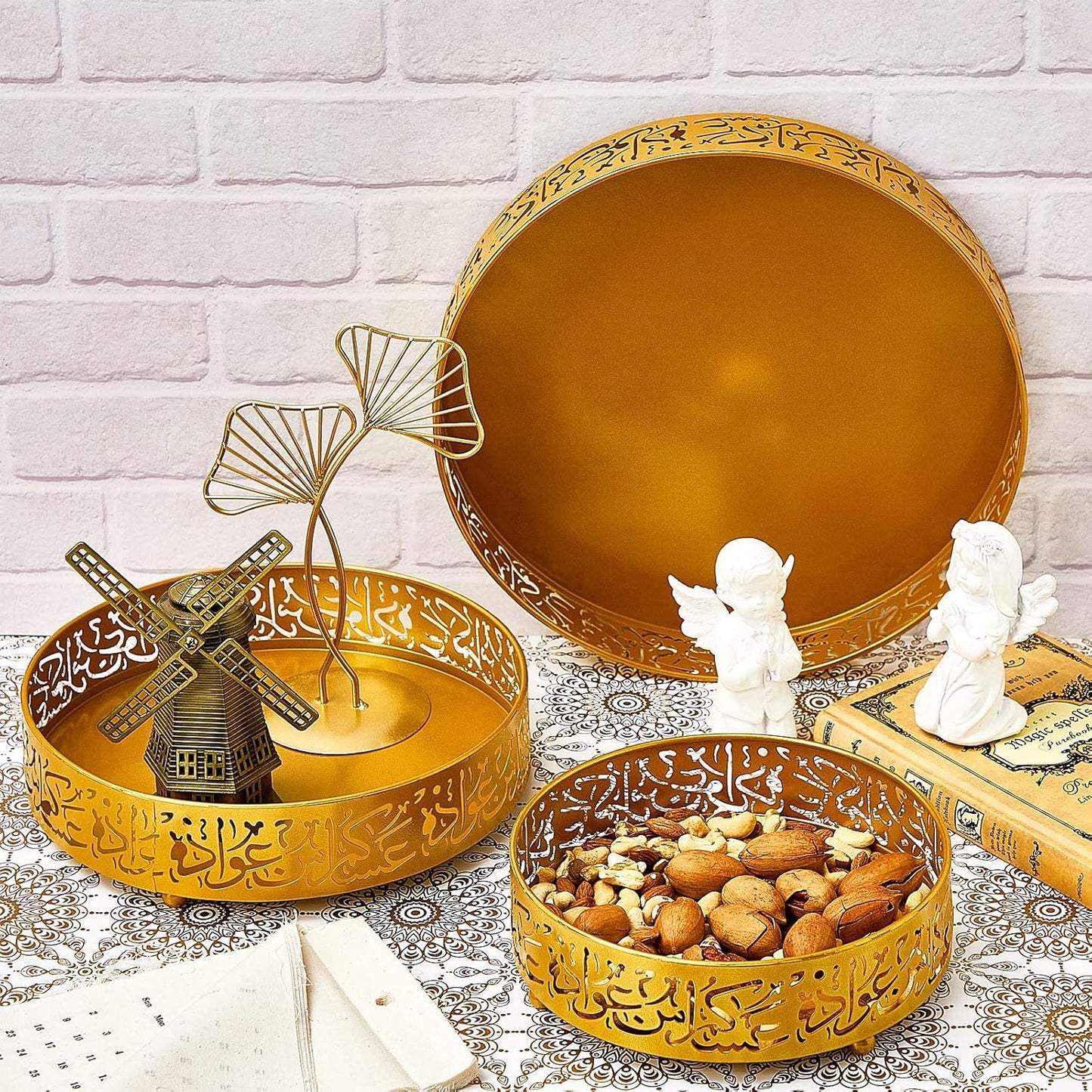 Ramadan Round Metal Serving Trays – Set of 3 (Gold)