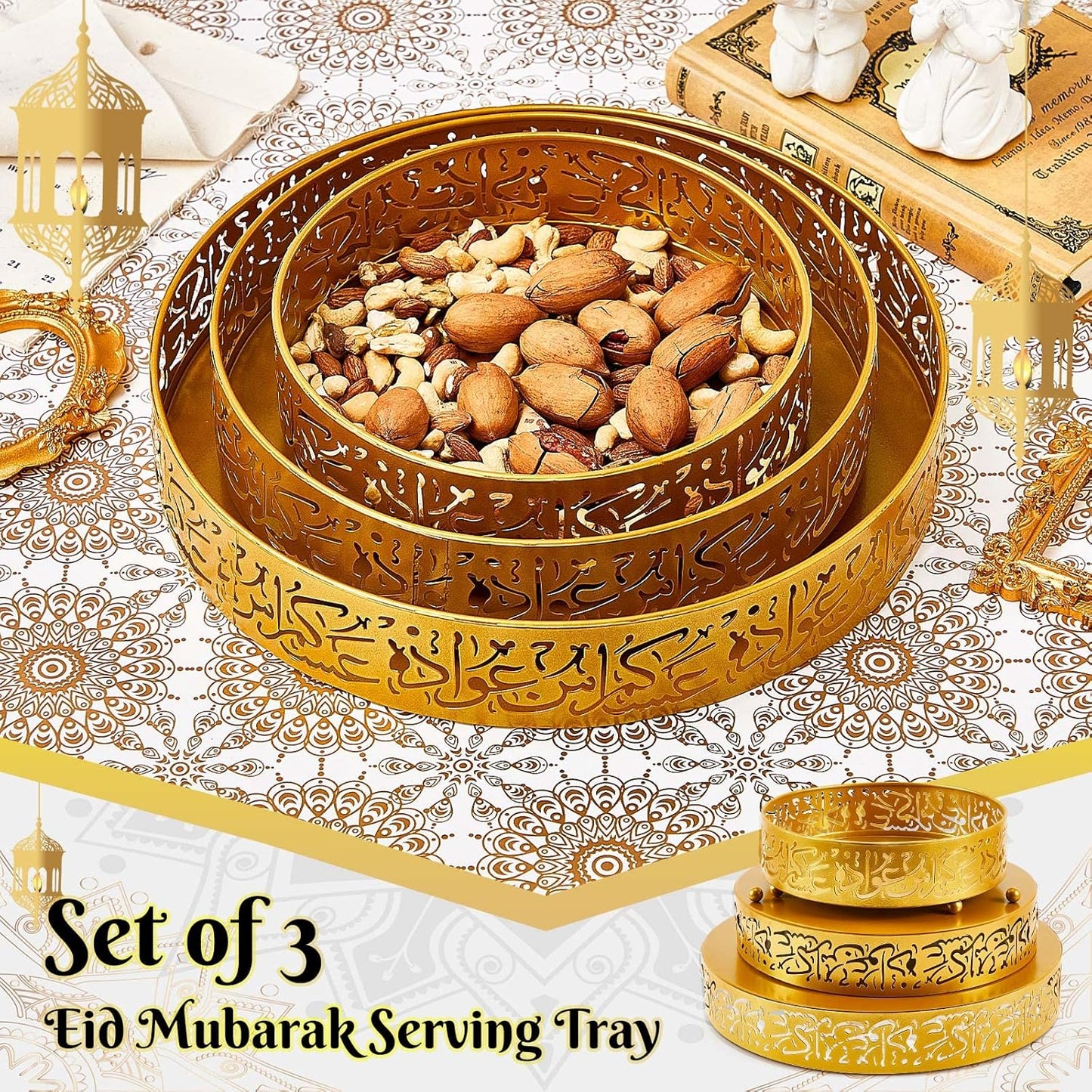 Ramadan Round Metal Serving Trays – Set of 3 (Gold)