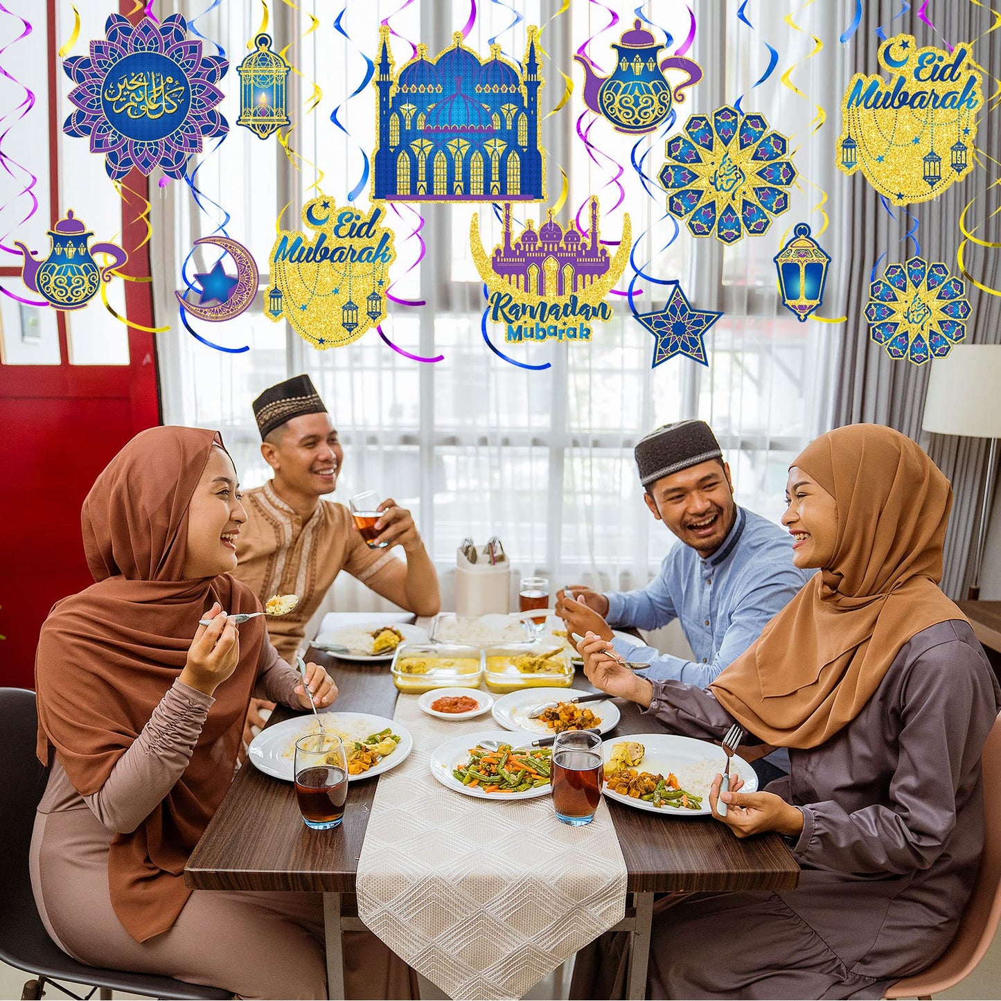 Ramadan Mubarak Hanging Swirl Decorations – Set of 30 🌙✨