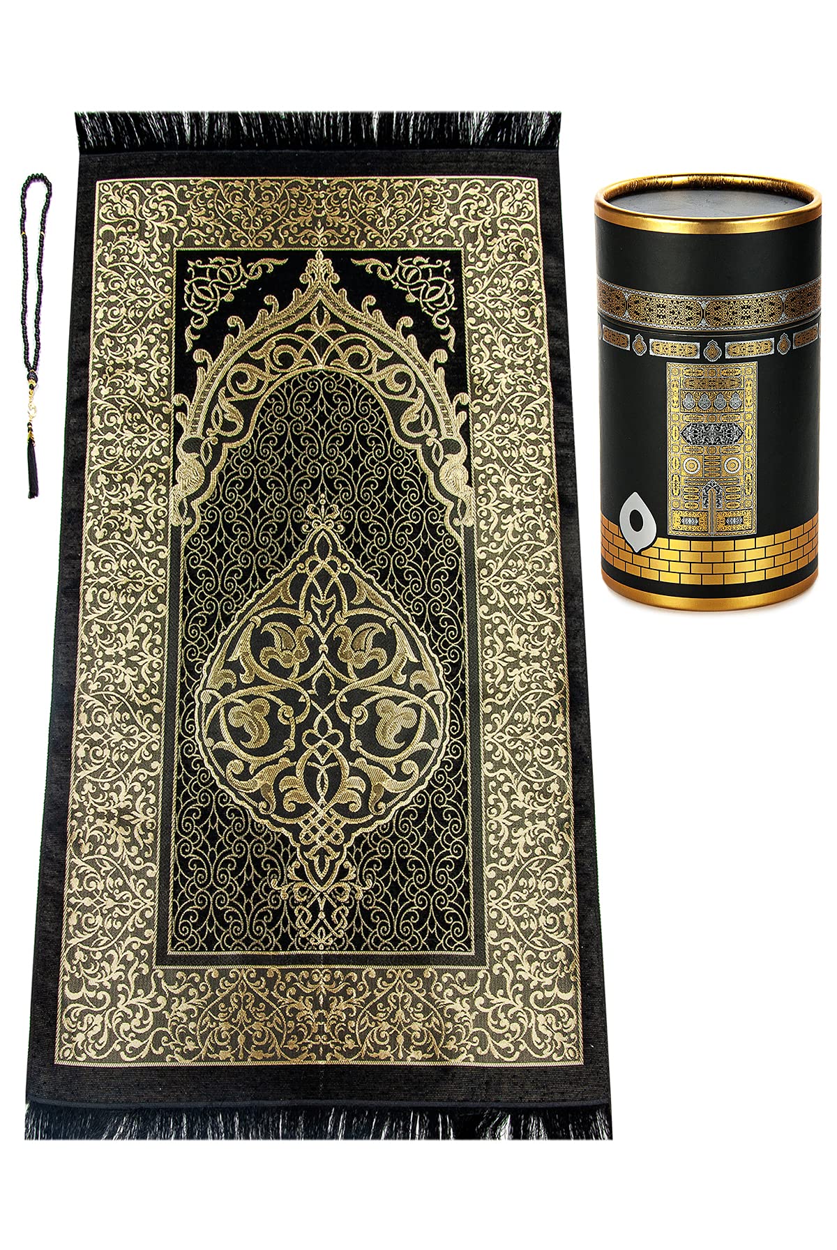 Ihvan Muslim Prayer Rug & Beads Gift Set – Elegant Black Sajadah