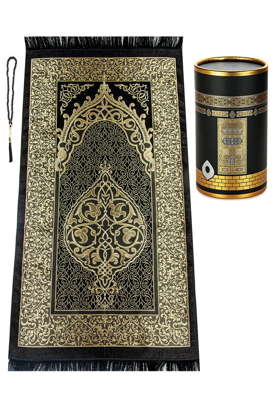 Ihvan Muslim Prayer Rug & Beads Gift Set – Elegant Black Sajadah