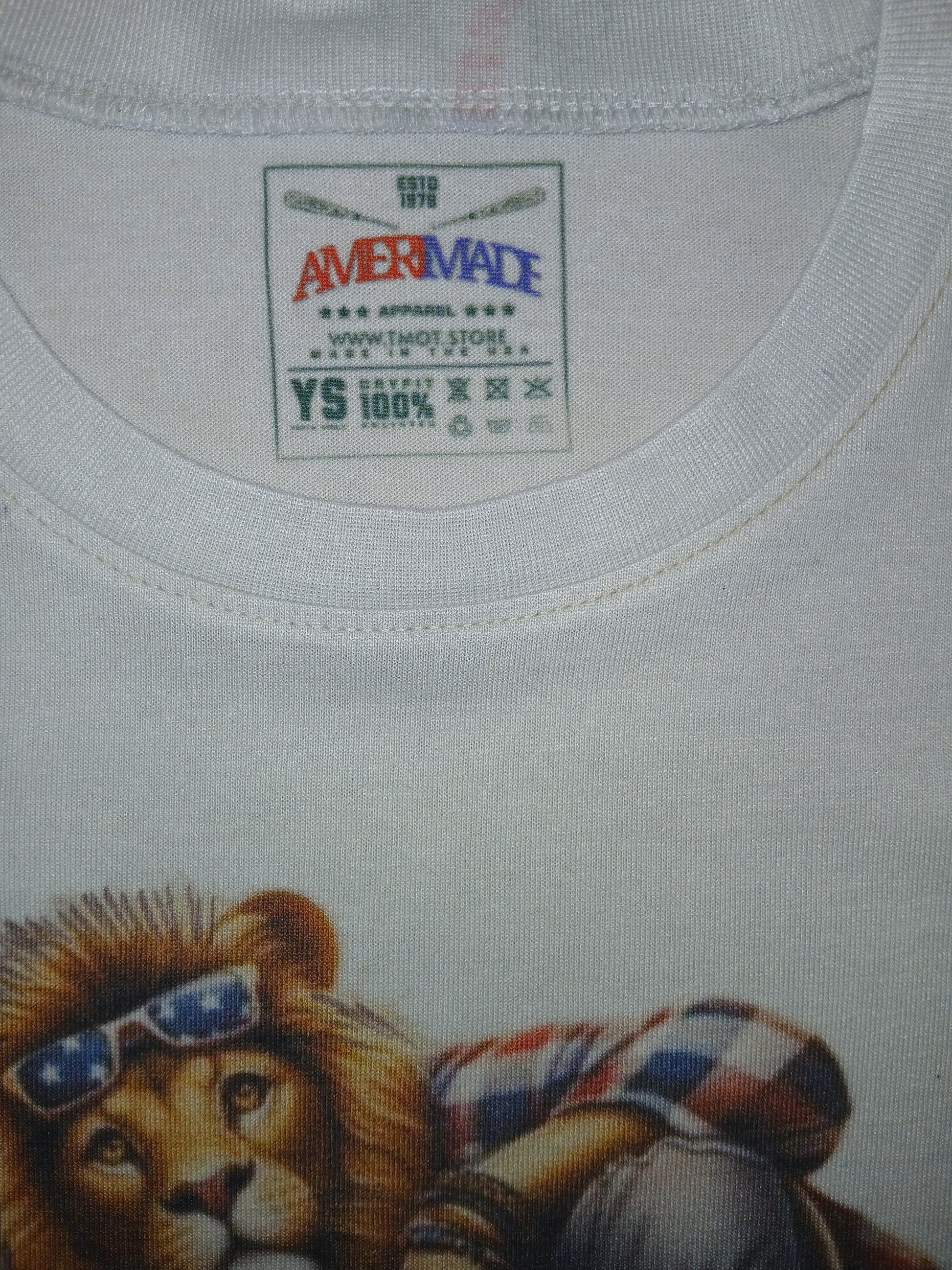 White t-shirt with a lion graphic and 'AmeriMale' label on a white background