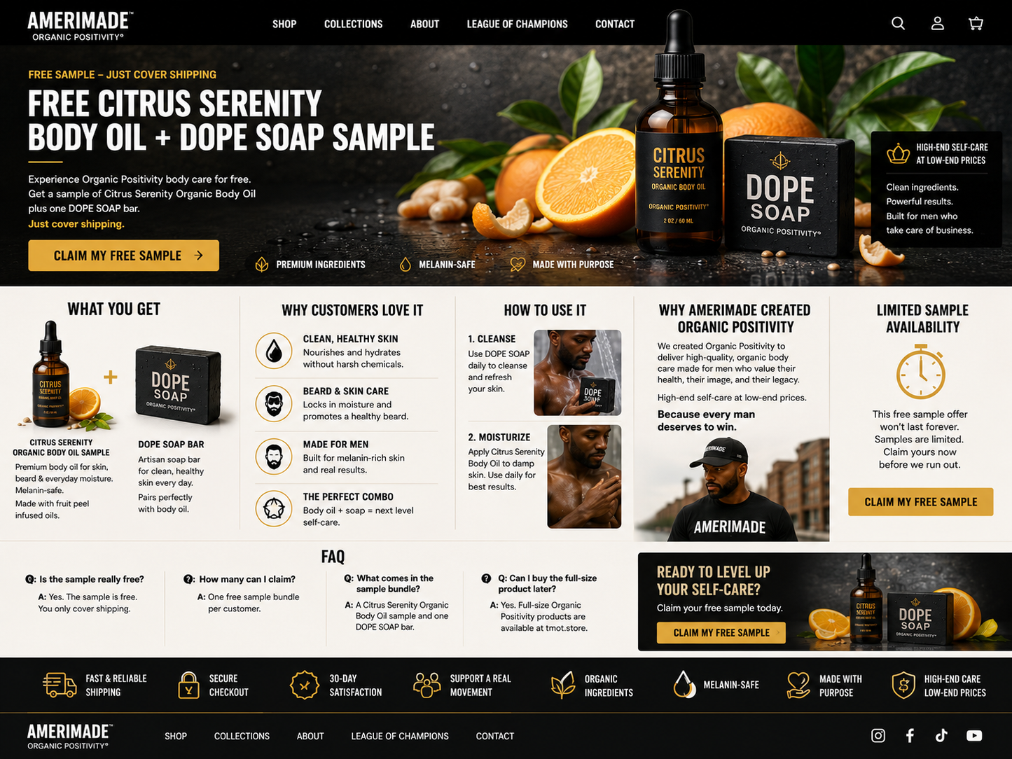 Amerimade product page with Citrus Serenity body oil and Dope soap, featuring text and images on a black background.